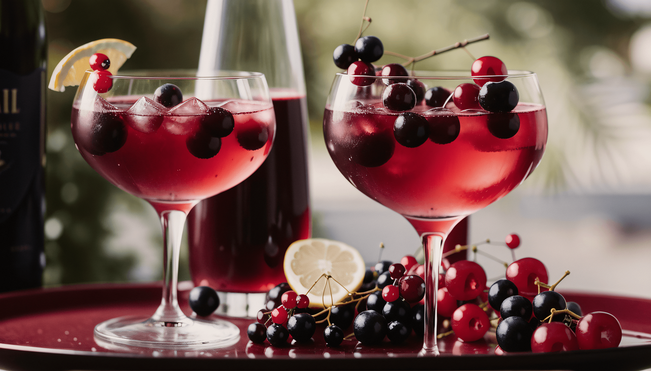Zwei Gläser mit großem Bauch, gefüllt mit rötlicher, leicht durchsichtiger Flüssigkeit, garniert mit Johannisbeeren.