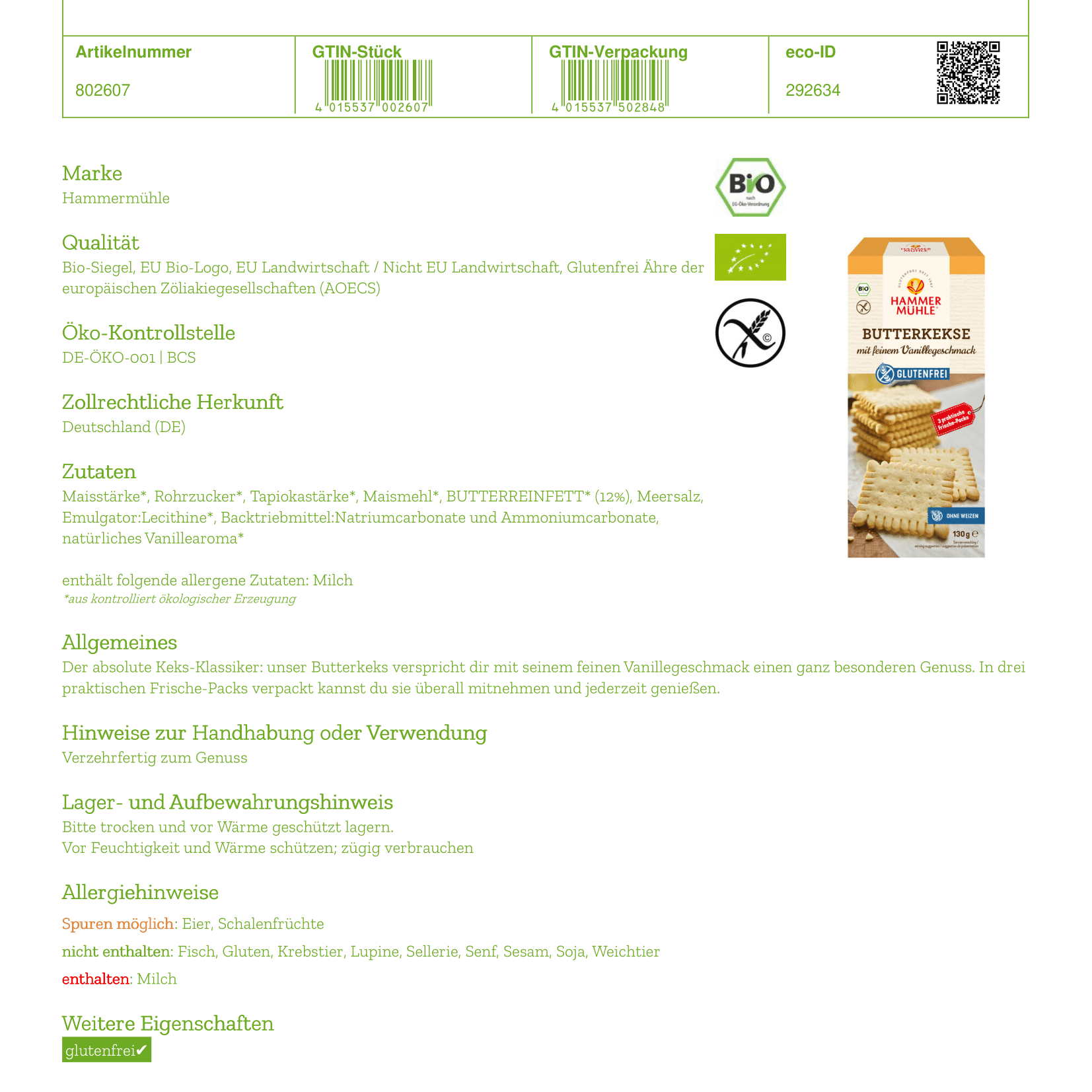 HAMMERMÜHLE ORGANIC Butterkeks glutenfrei - 130 g