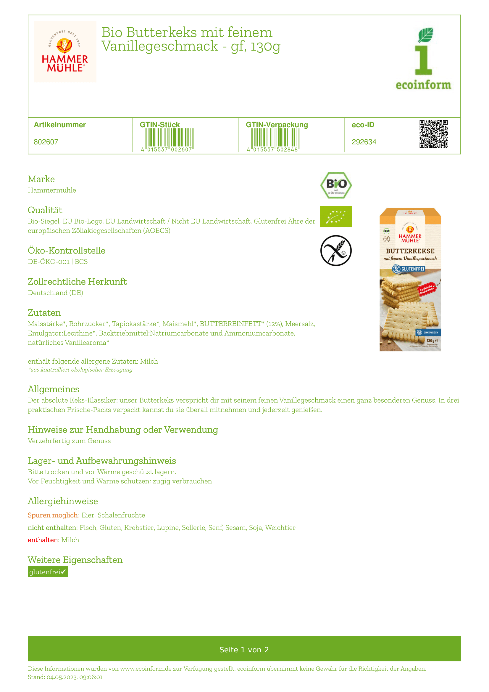 HAMMERMÜHLE ORGANIC Butterkeks glutenfrei - 130 g