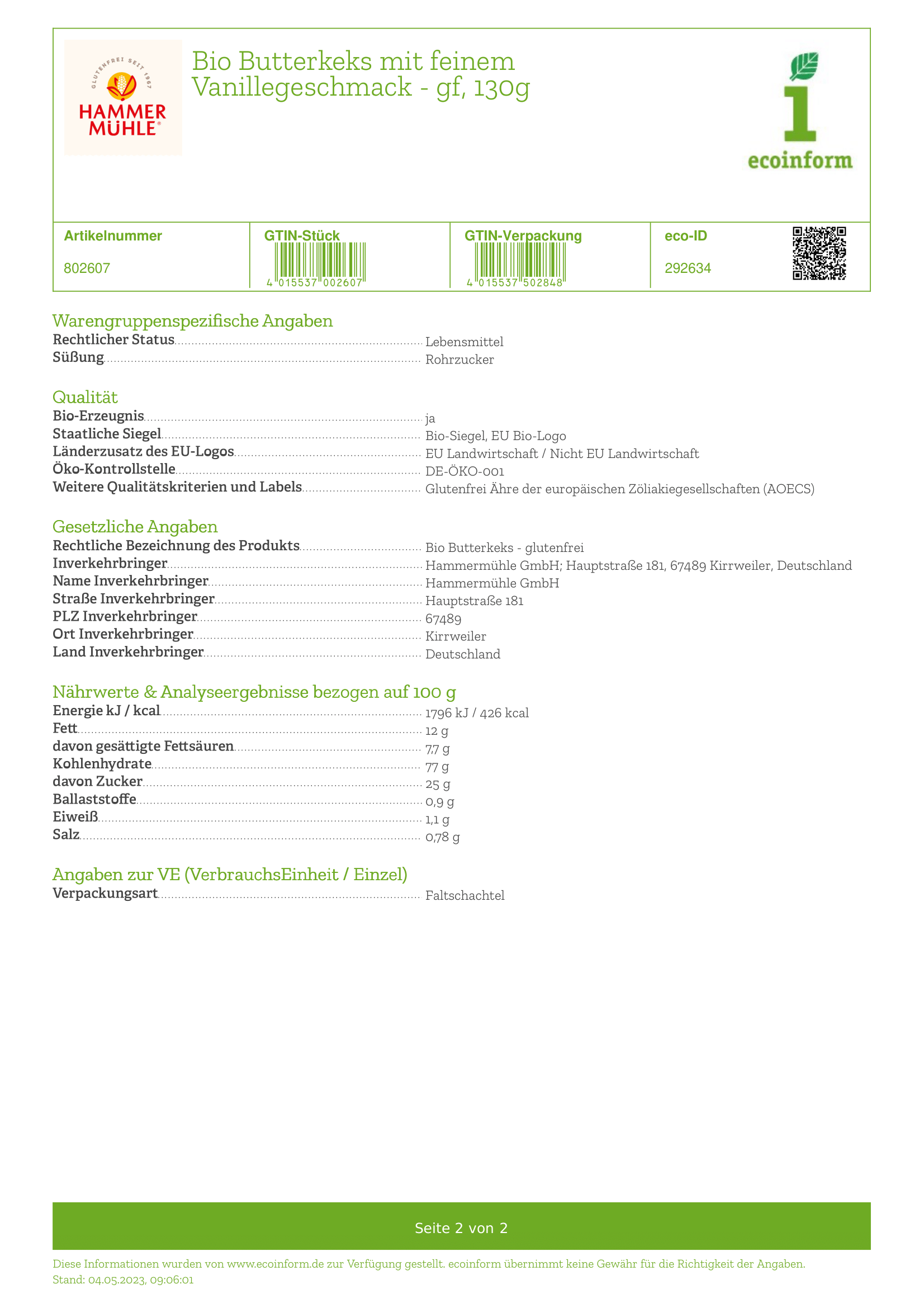HAMMERMÜHLE ORGANIC Butterkeks glutenfrei - 130 g