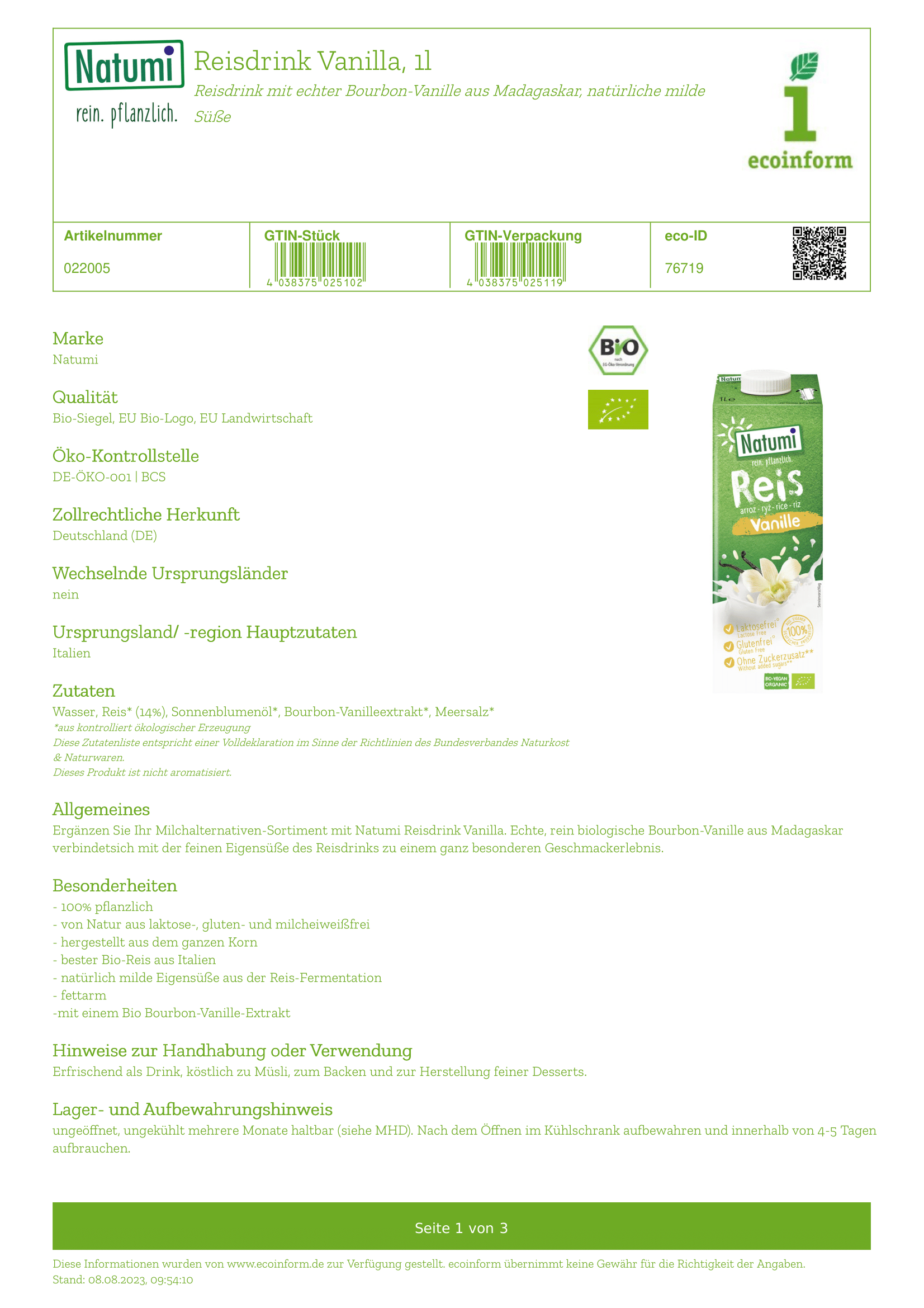 Reisdrink Vanille ohne Zucker