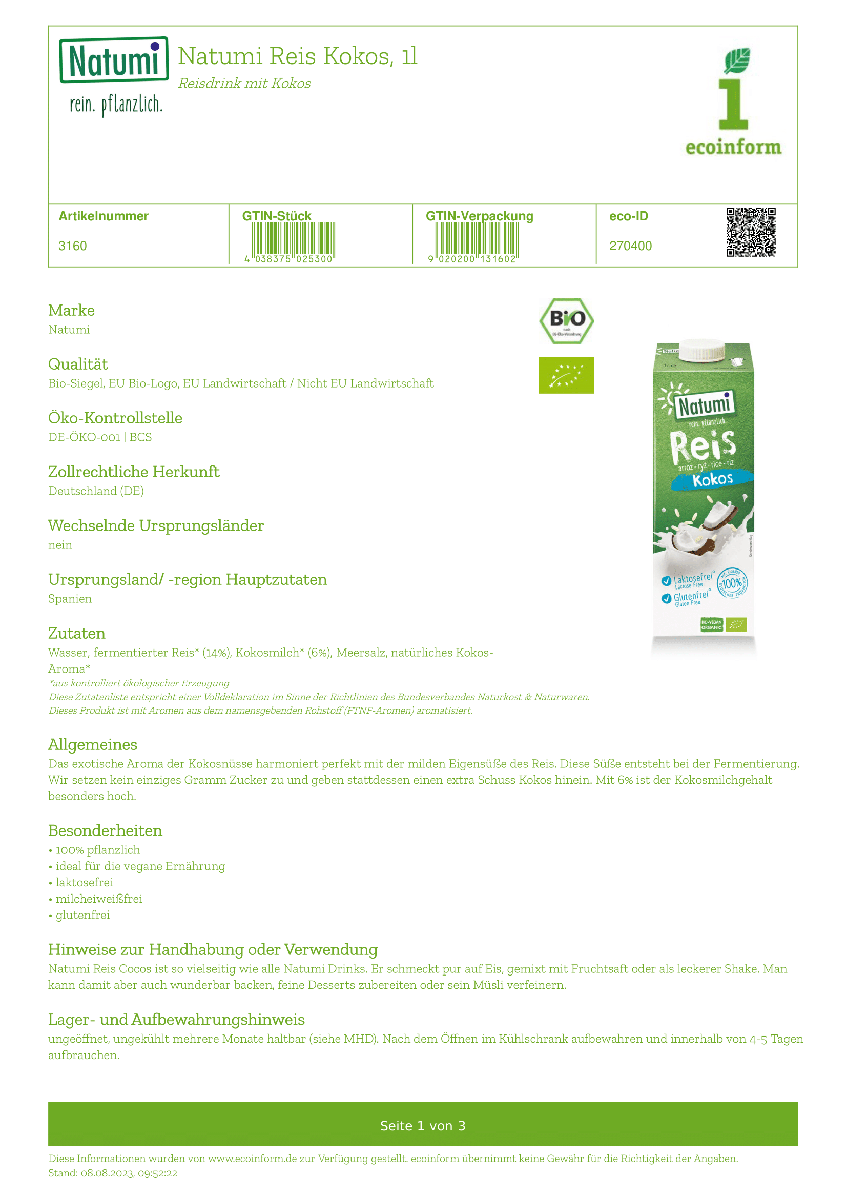 Reis Drink mit Kokos