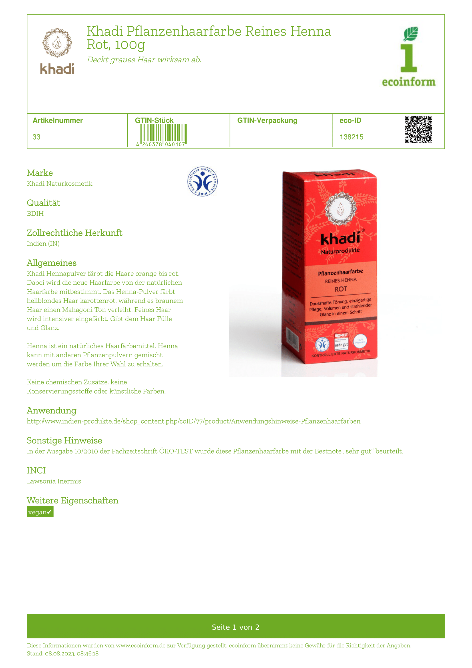 Pflanzenhaarfarbe Henna Rot