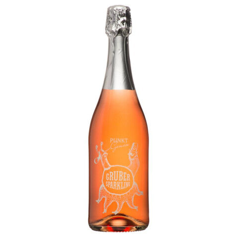 Eine Flasche Punktgenau Rosé Sparkling von Gruber, mit einem klaren Glasdesign, das einen roséfarbenen Schaumwein zeigt. Die Flasche hat eine silberne Folienkapsel und ein verspieltes, weißes Etikett mit einem stilisierten Oktopus und Schriftzug.