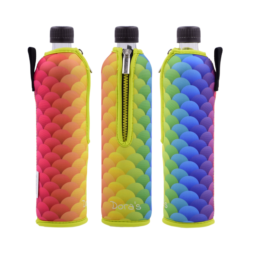 DORA'S Glasflasche mit Neopren Regenbogenfisch - 500 ml