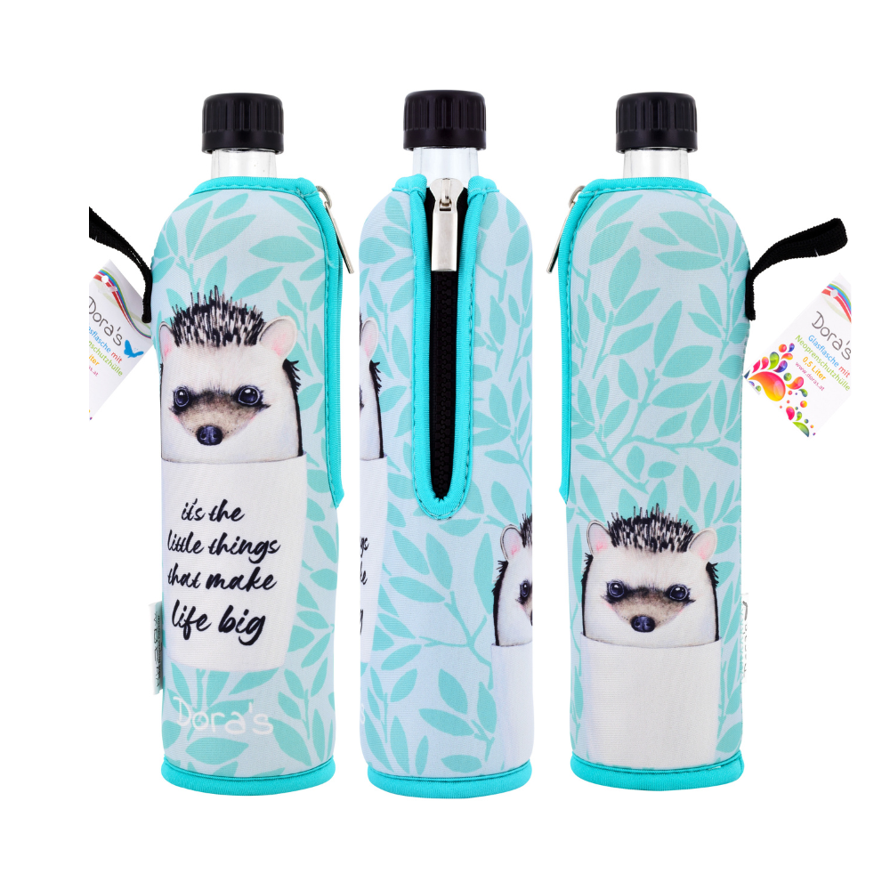 DORA'S Glasflasche aus Neopren Igel - 500 ml