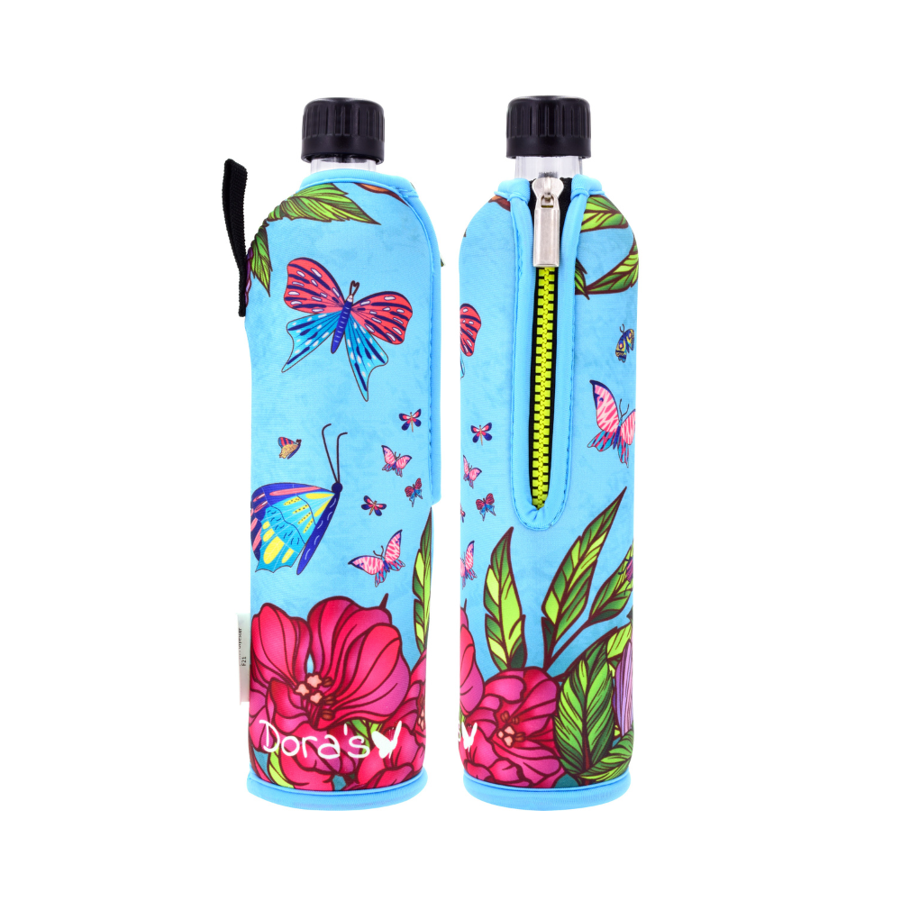 DORA'S Glasflasche aus Neopren Schmetterling  - 500 ml