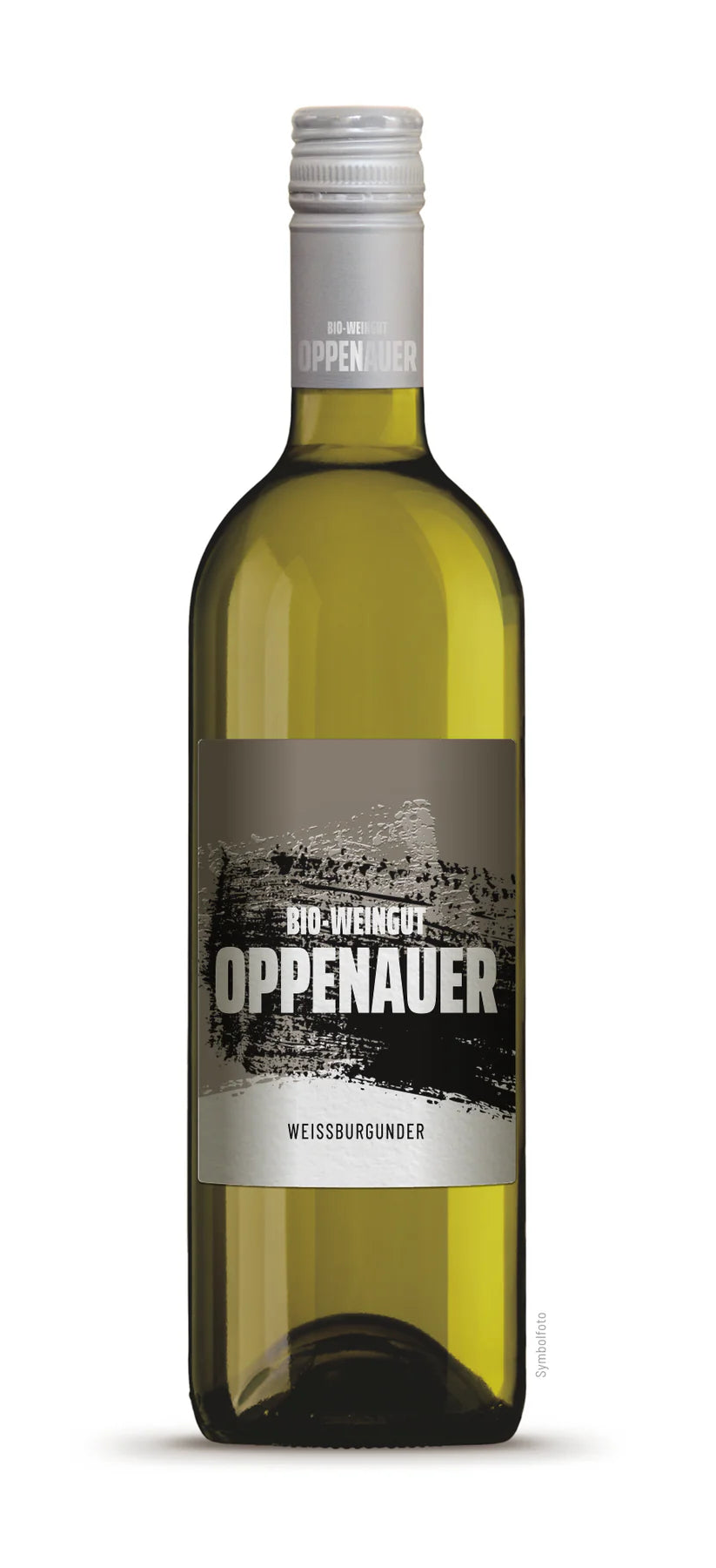 Das Bild zeigt eine grüne Weinflasche mit der Aufschrift "BIO-WEINGUT OPPENAUER" auf dem Etikett. Der Wein ist Weißwein, da die Flasche eine helle, transparente Farbe hat. Die Flasche hat einen silbernen Schraubverschluss. Das Etikett ist überwiegend dunkel mit weißer und silberner Schrift.