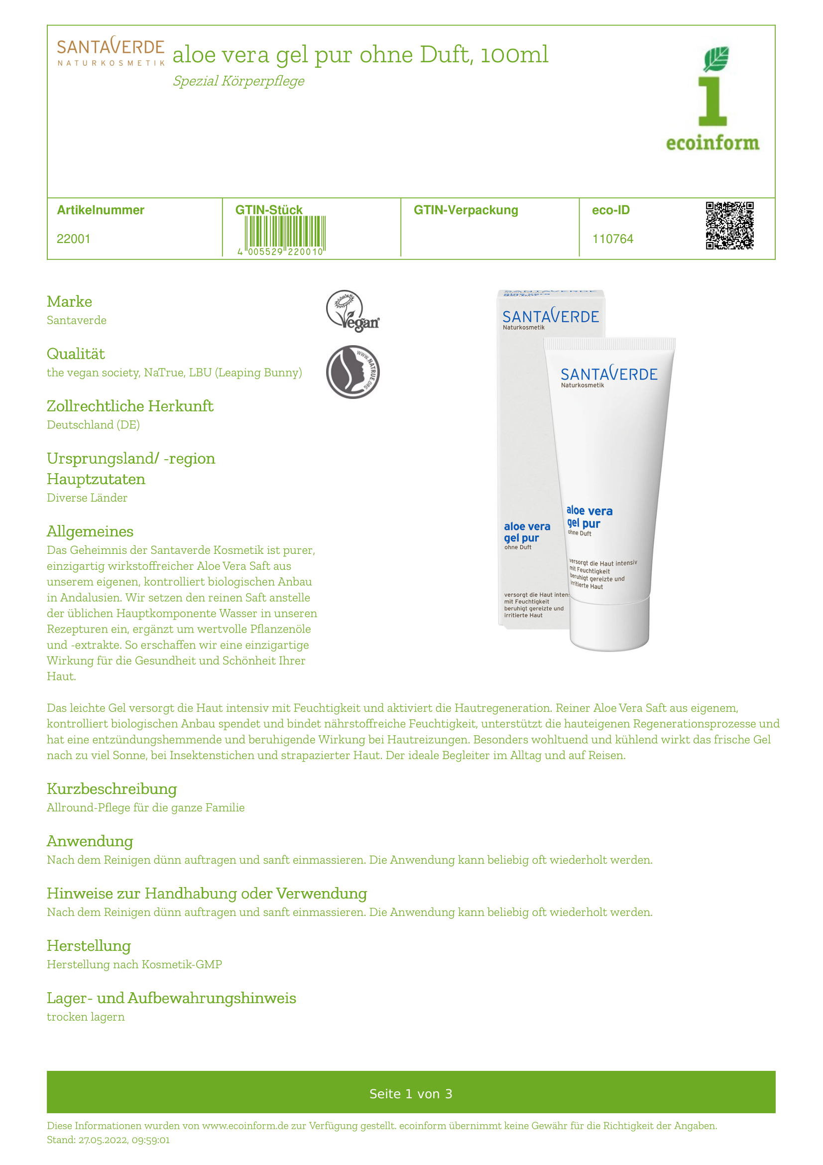 Aloe Vera Gel pur ohne Duft