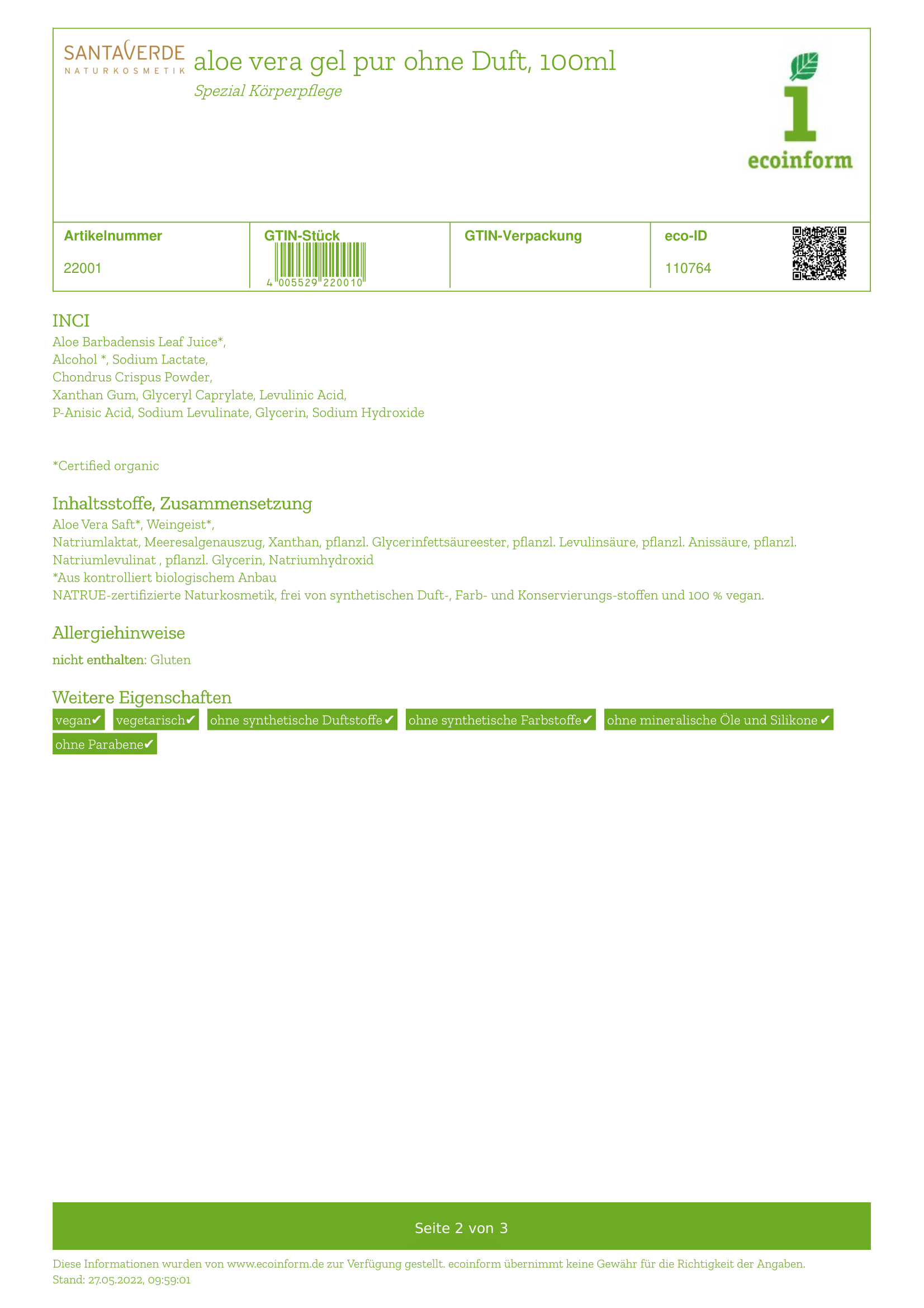 Aloe Vera Gel pur ohne Duft