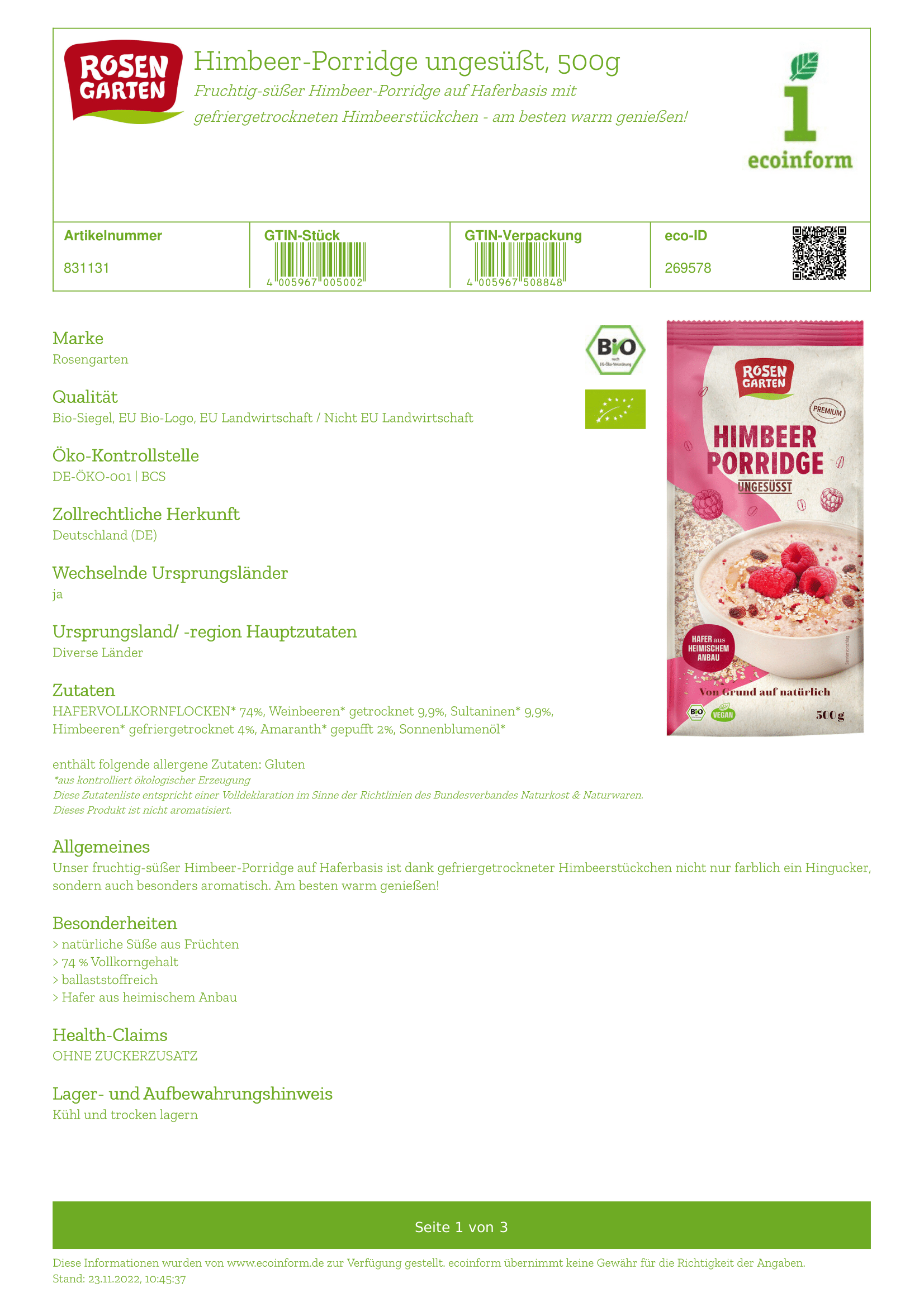 Himbeer-Porridge ungesüßt