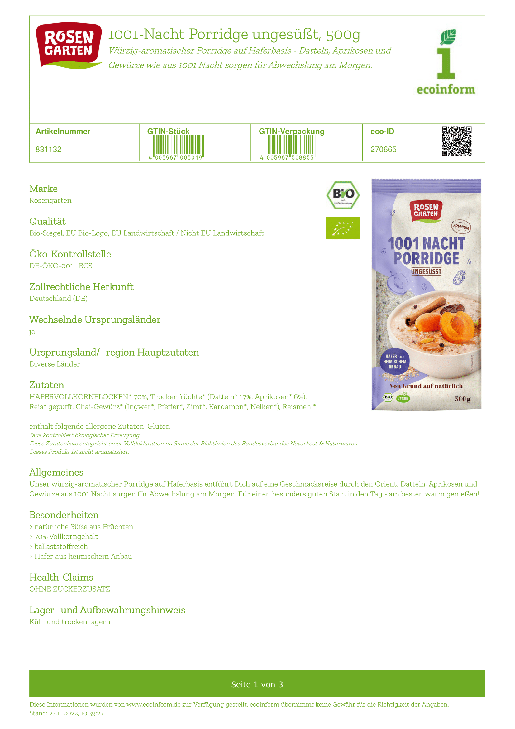 1001-Nacht Porridge ungesüßt