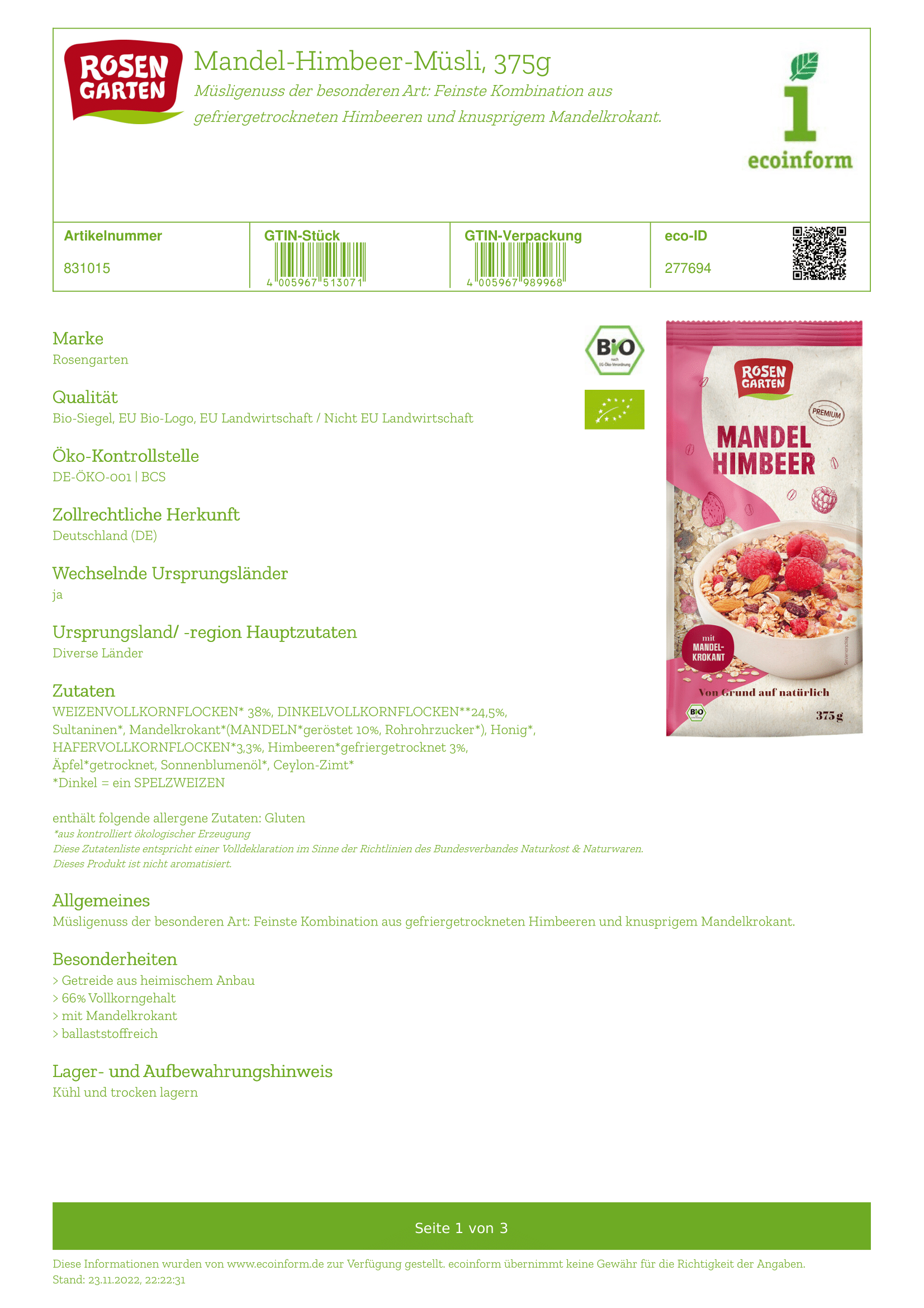 Mandel-Himbeer Müsli