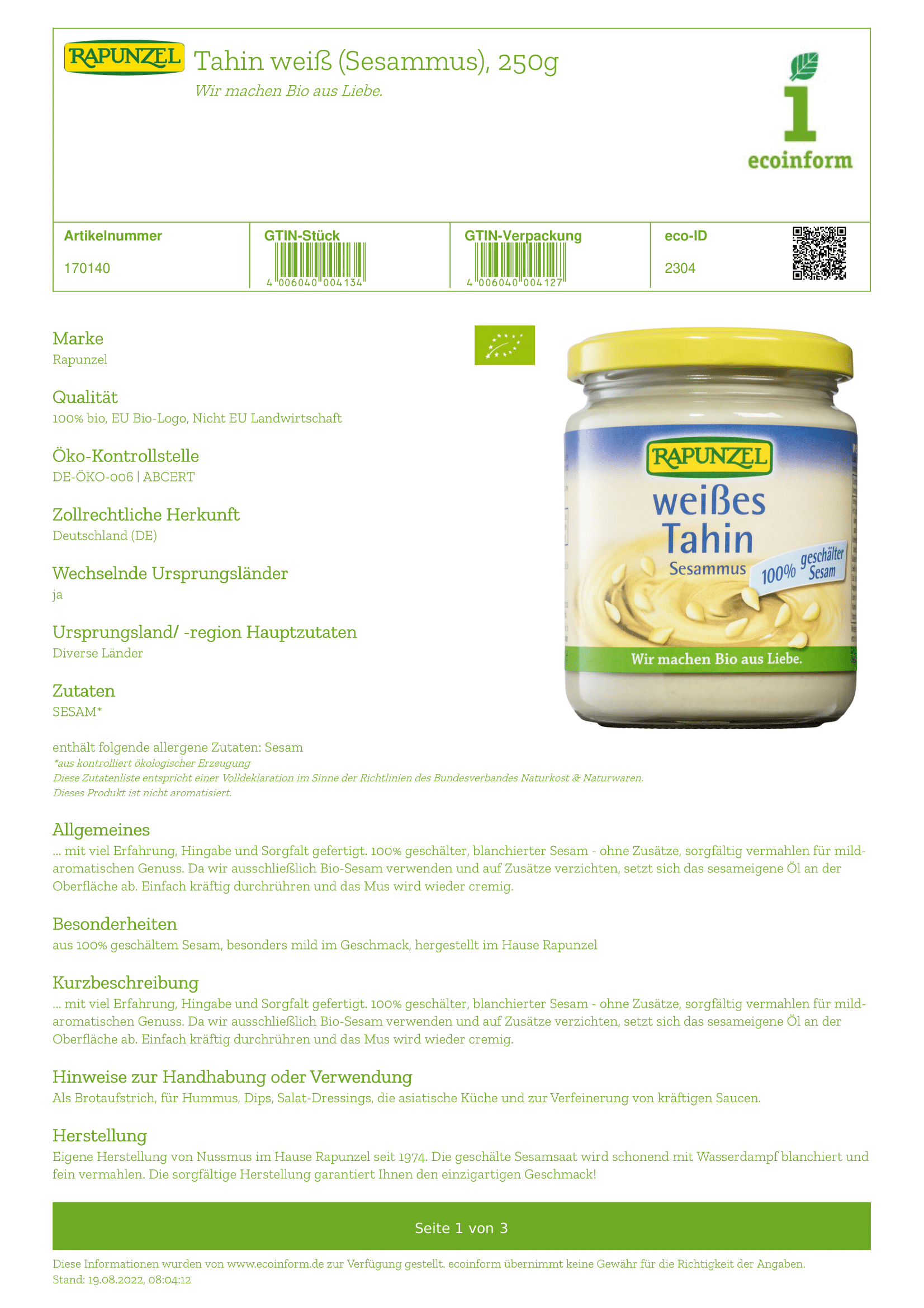 Tahin weiß (Sesammus)