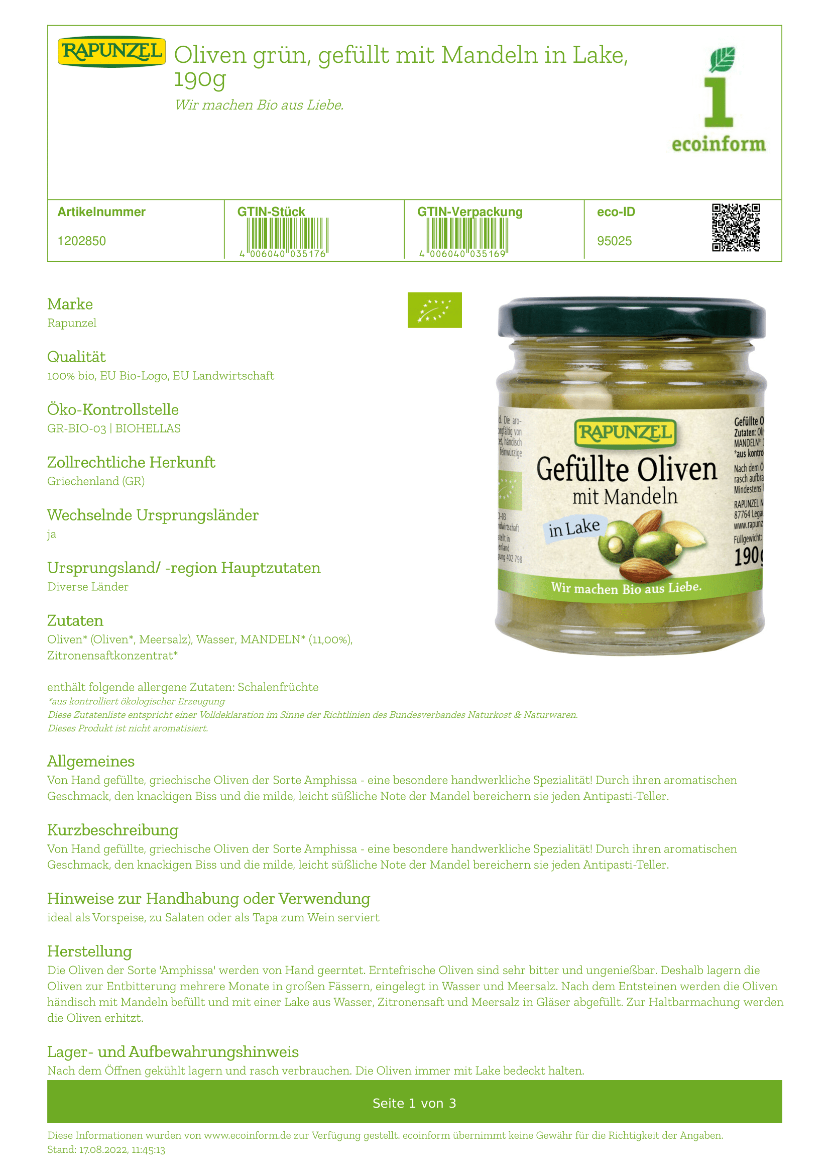 Oliven grün, gefüllt/Mandeln