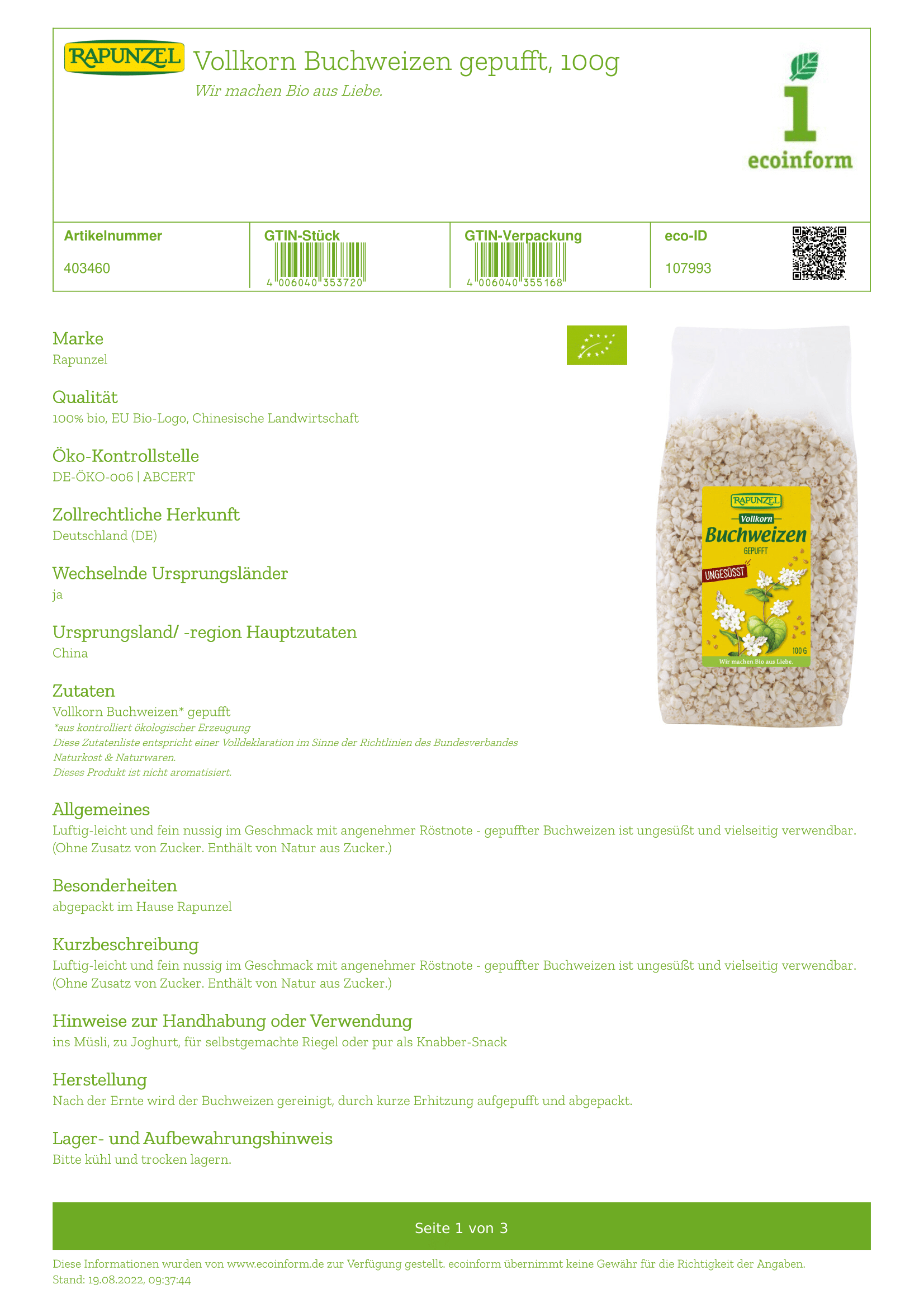 Vollkorn-Buchweizen gepufft