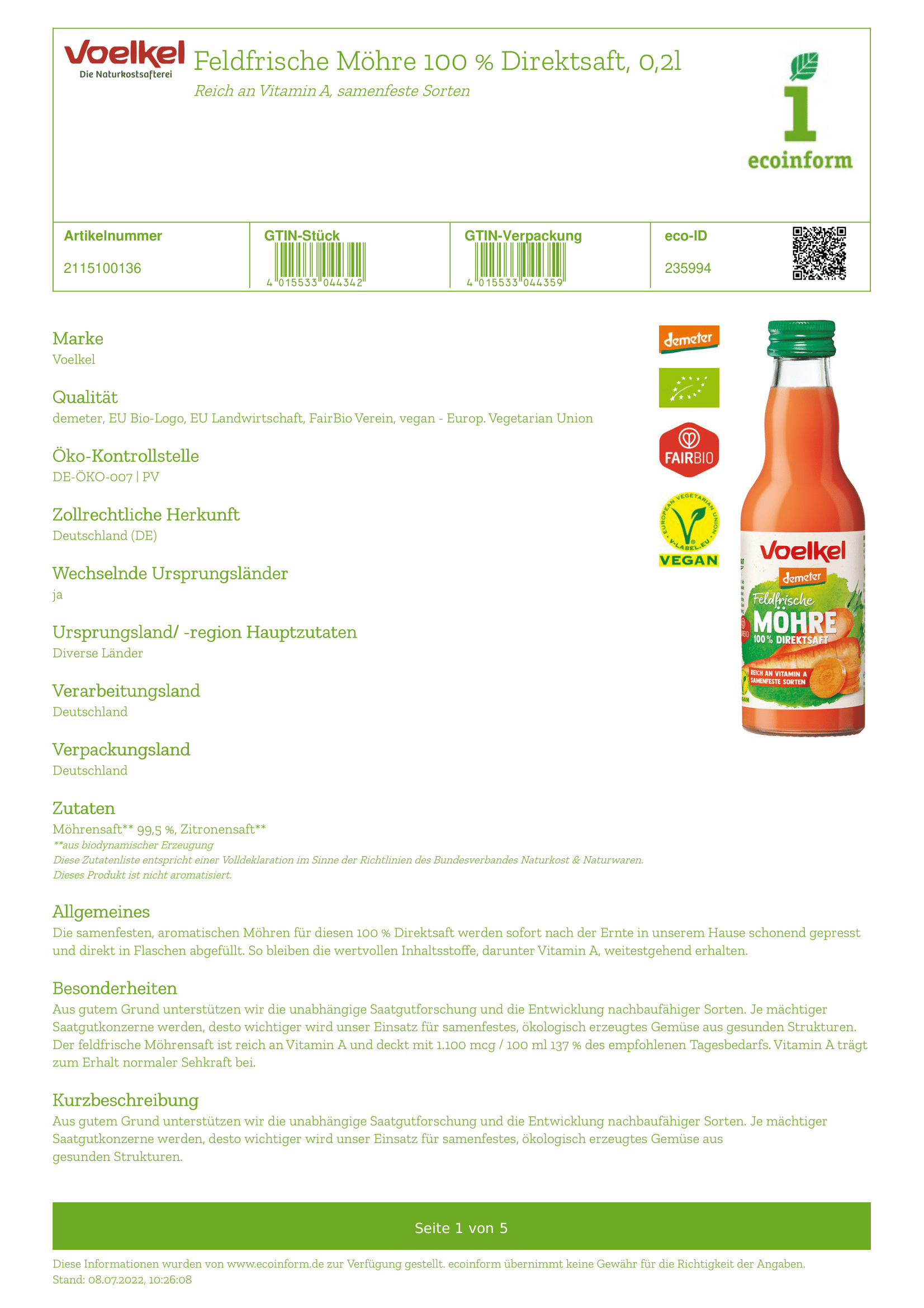 Feldfrischer Möhrensaft MW