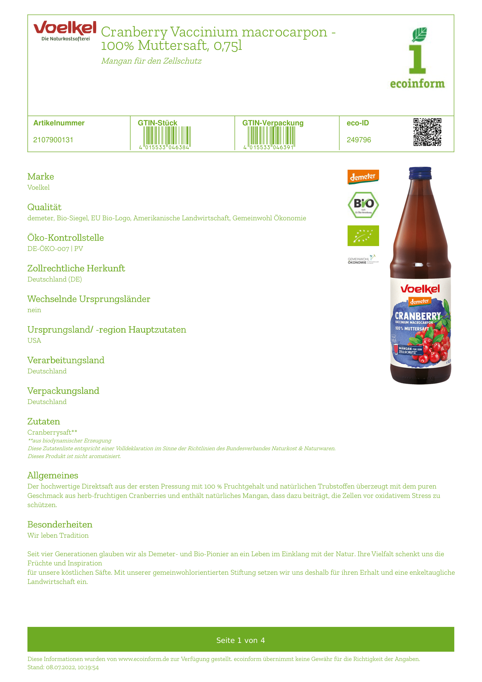 Cranberry pur 100% direkt MW