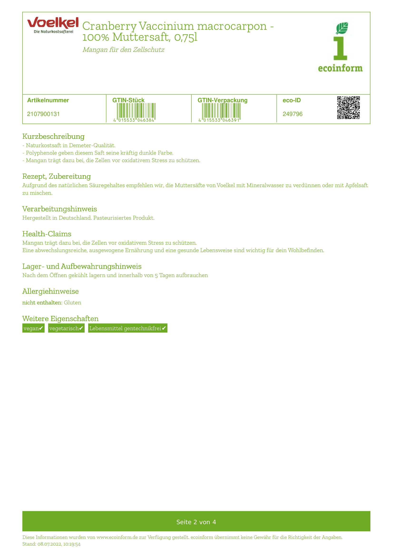 Cranberry pur 100% direkt MW