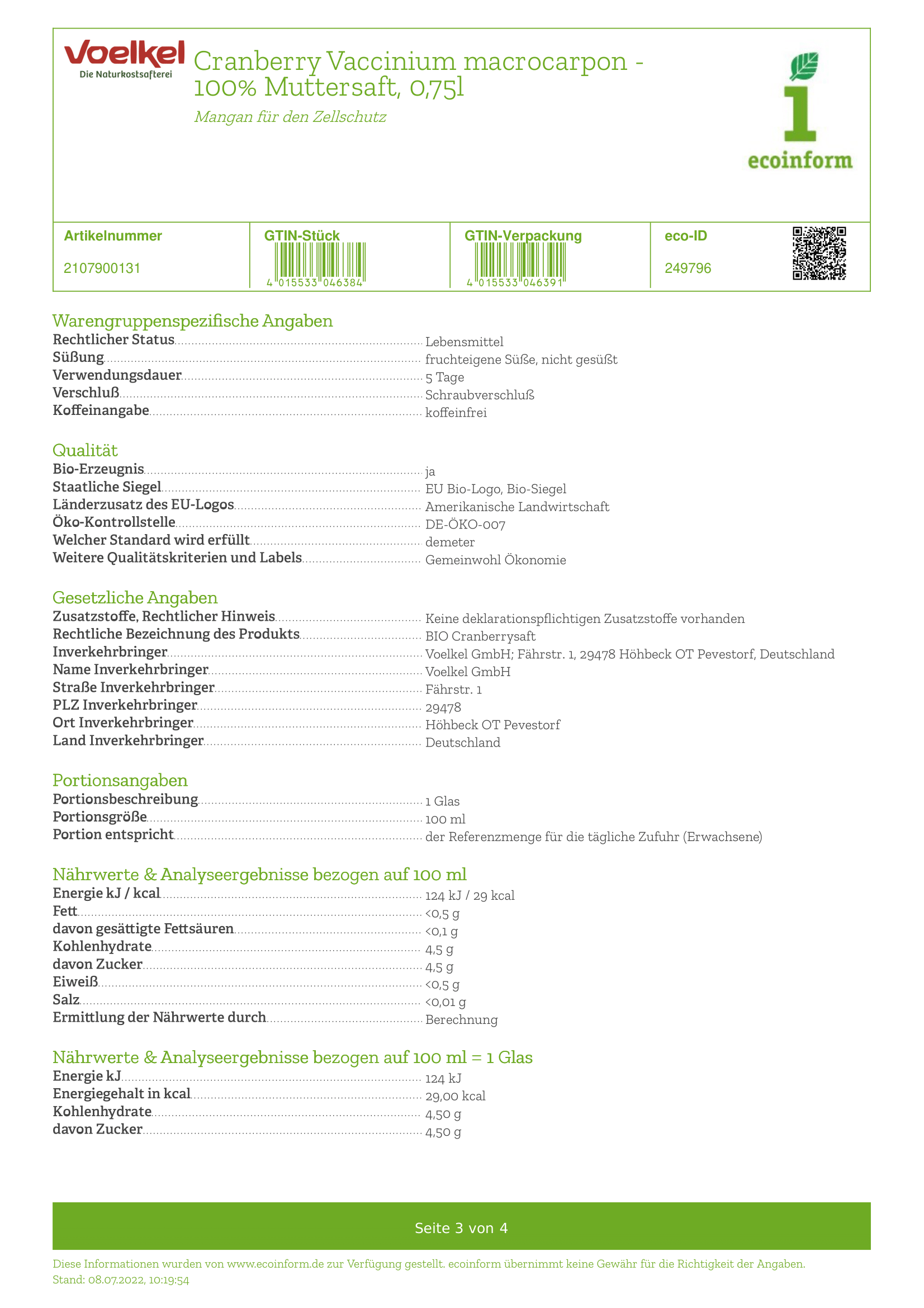 Cranberry pur 100% direkt MW