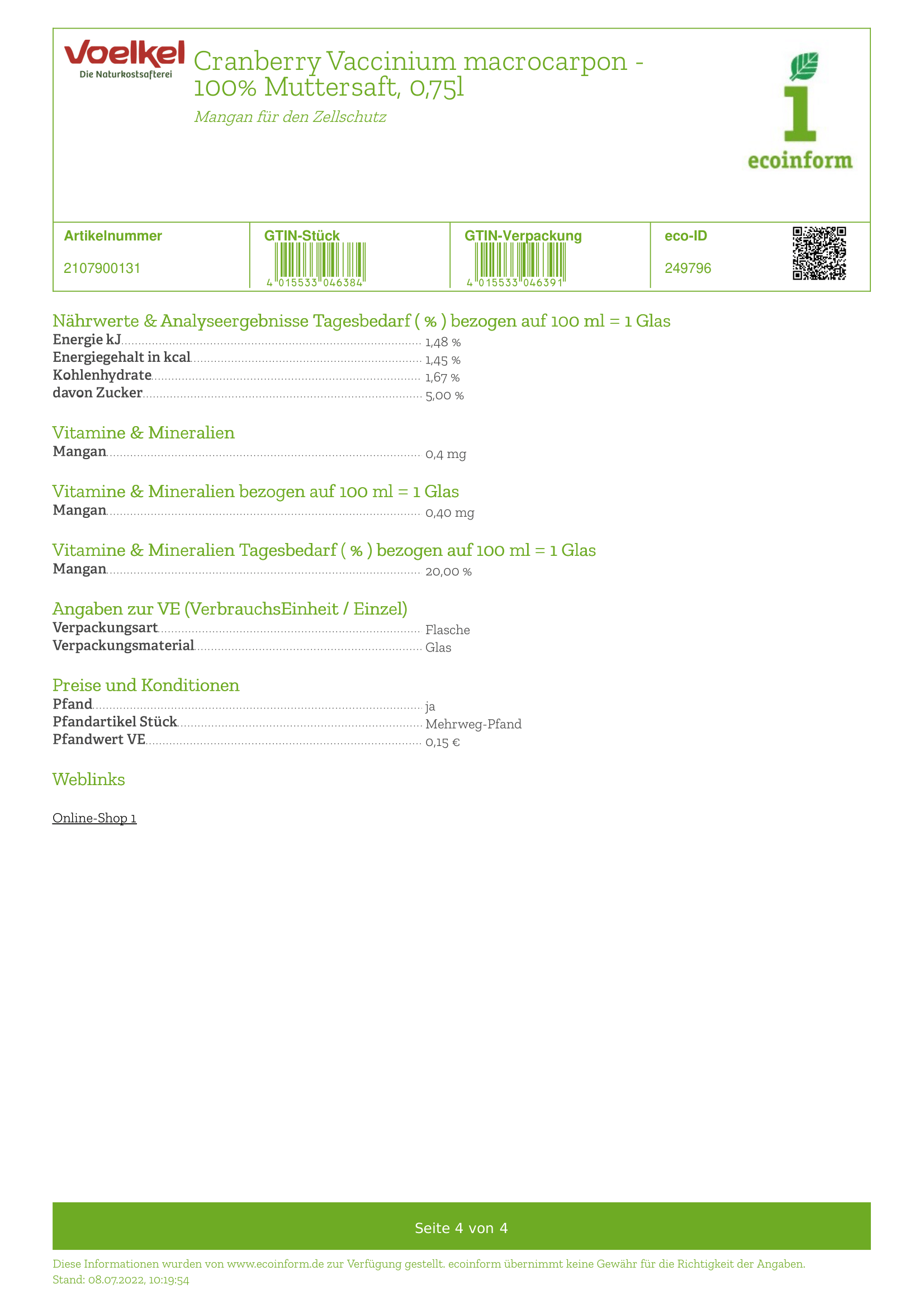 Cranberry pur 100% direkt MW
