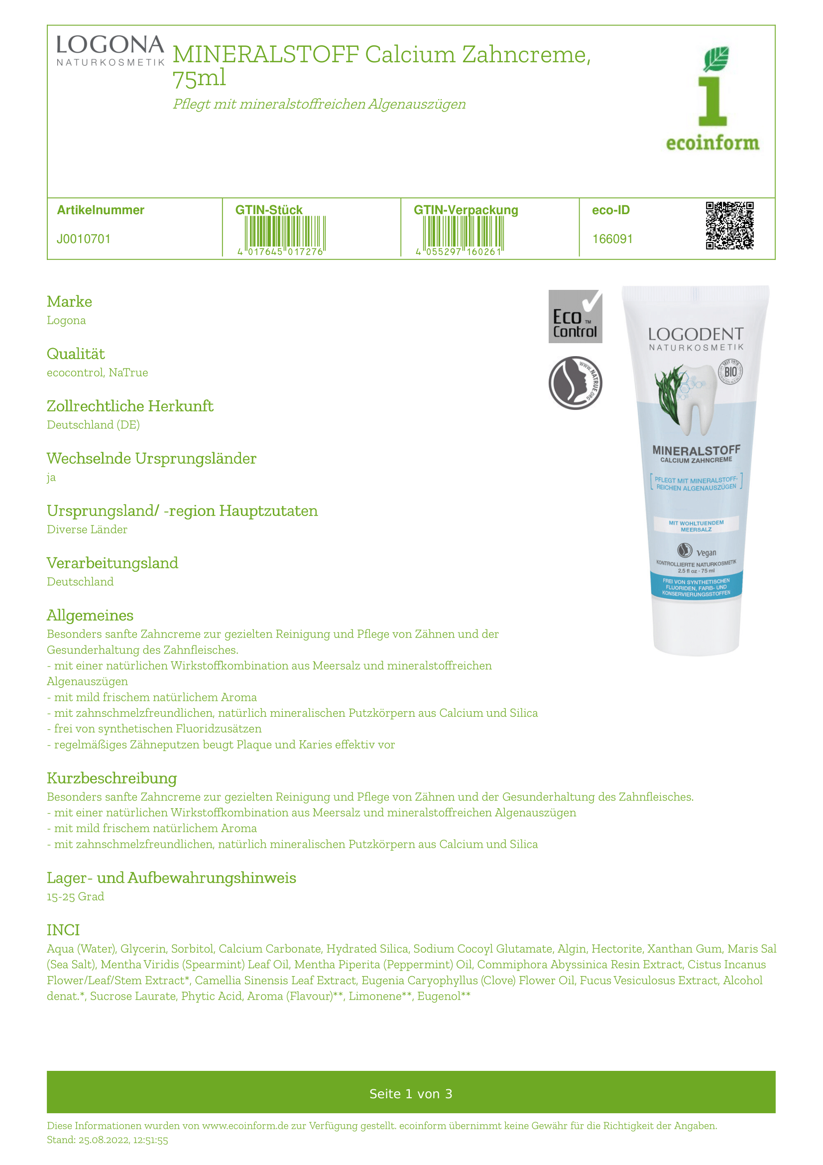 Mineralstoff Calcium Zahncreme