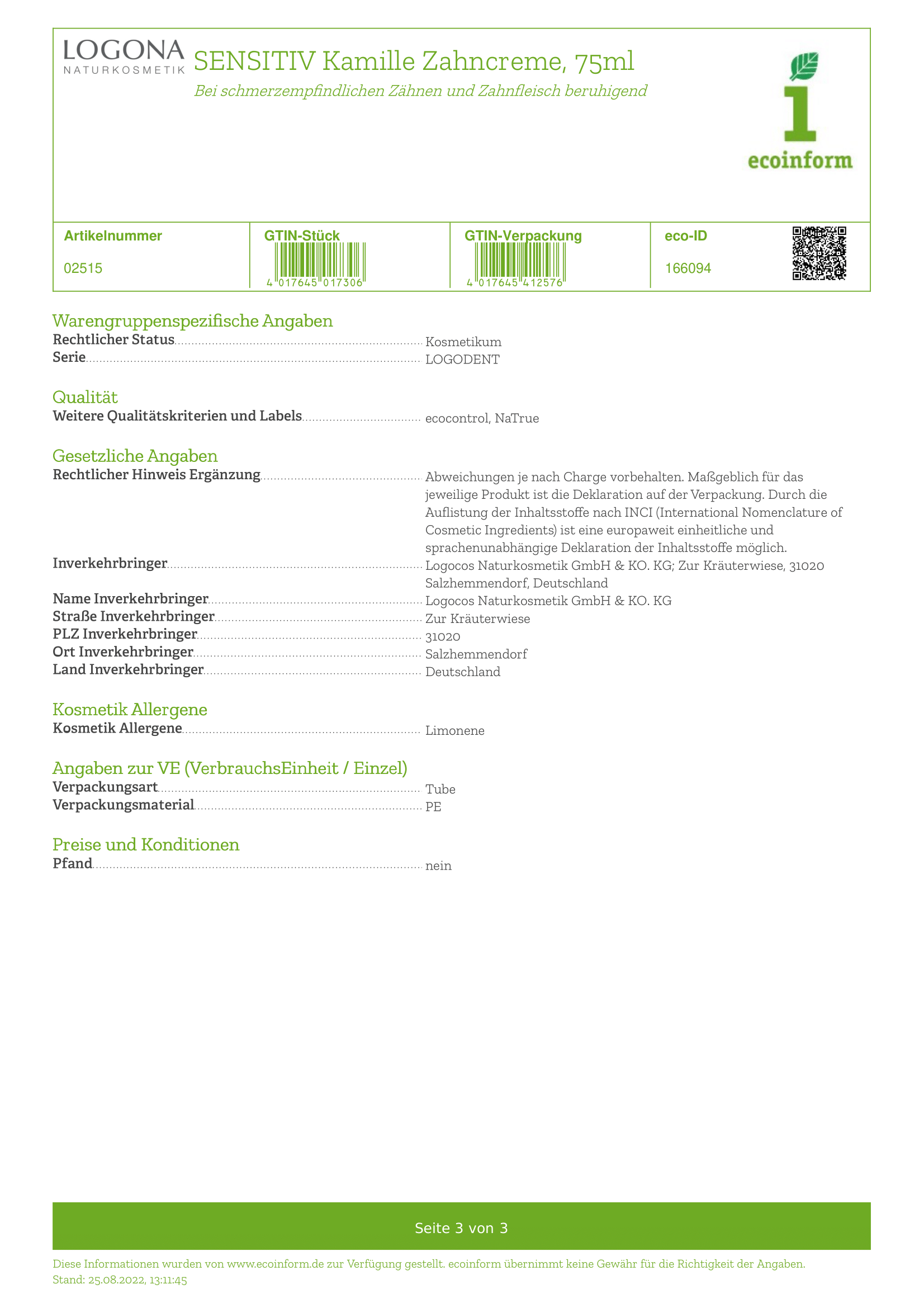 Sensitiv Kamille Zahncreme
