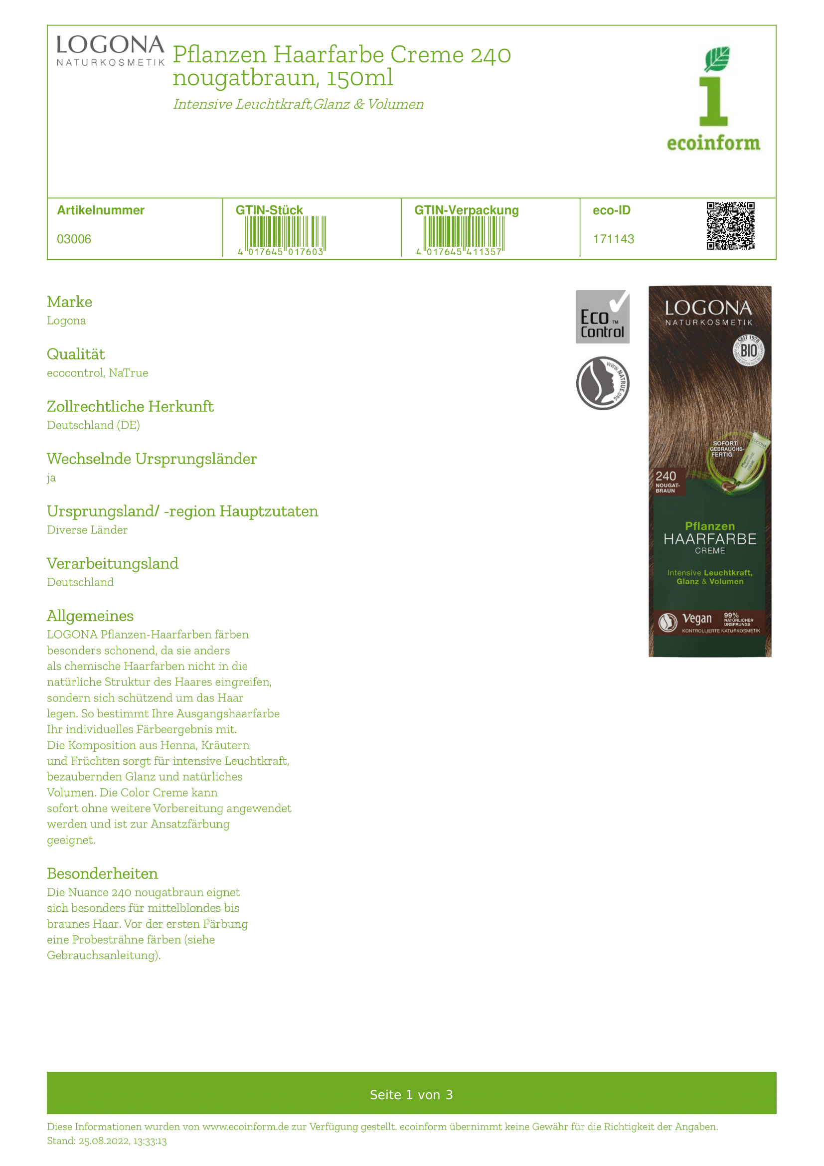 Pflanzenhaarfarbe Creme 240 nougatbraun