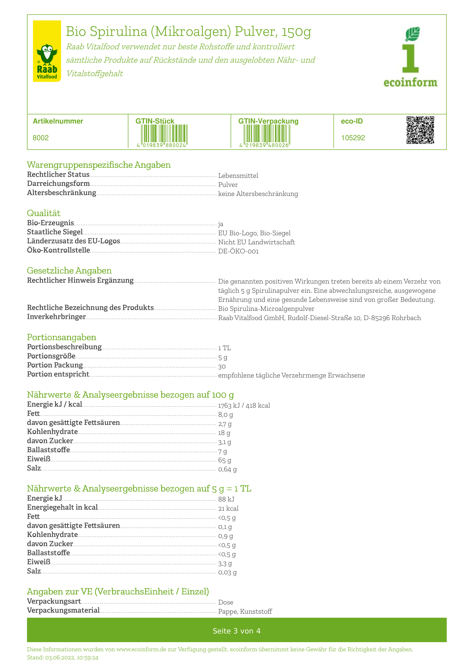 Spirulina Pulver