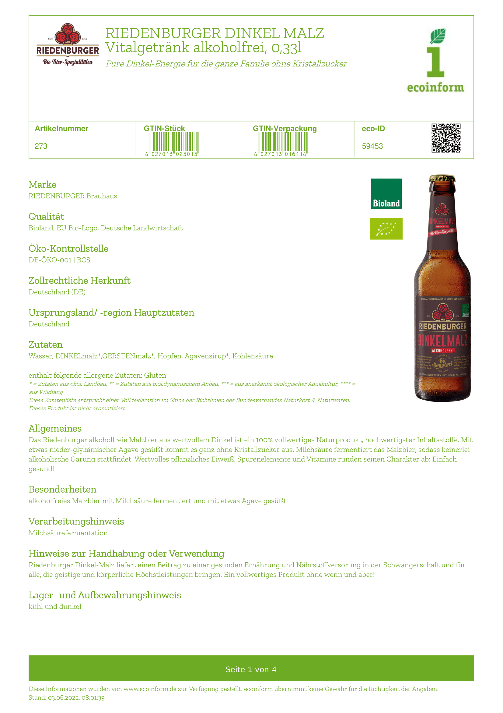 Dinkel-Malz-Bier alkoholfrei