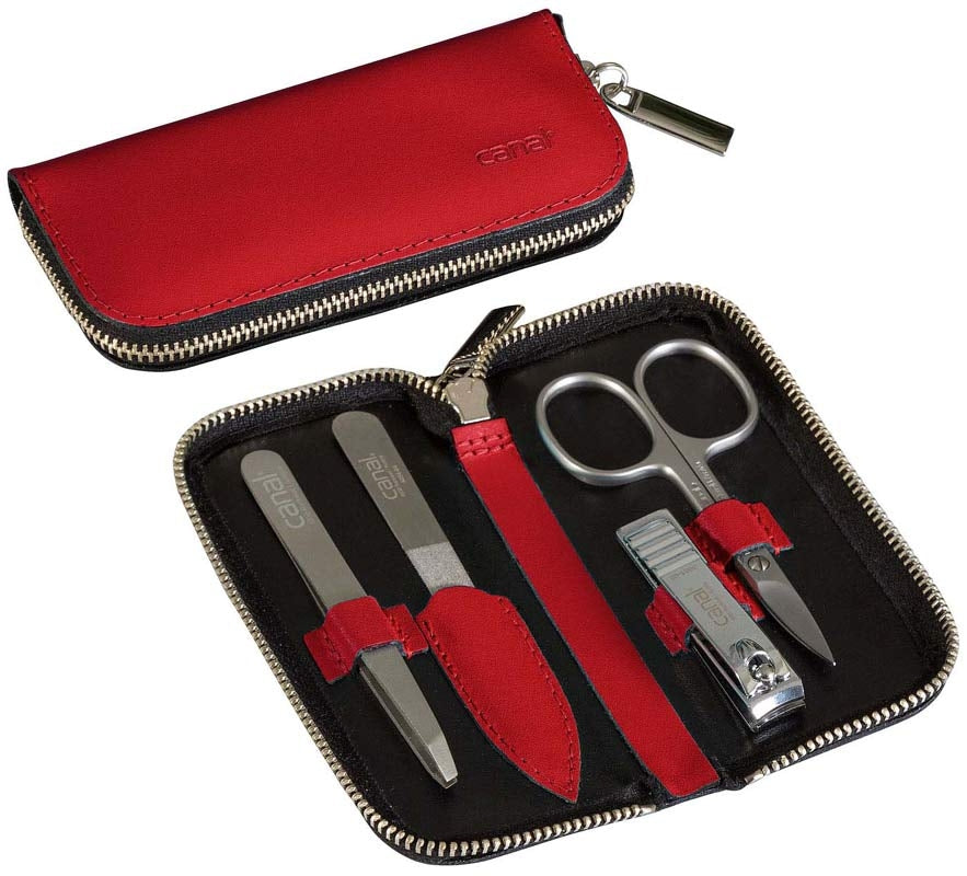 CANAL Reißverschluss-Etui aus Spaltleder rot - 4 teilig
