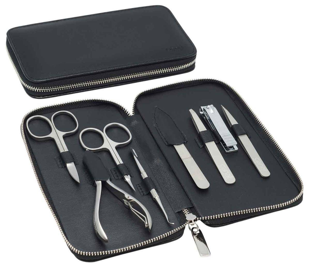 Reißverschluss-Etui aus Spaltleder schwarz 8 - teilig