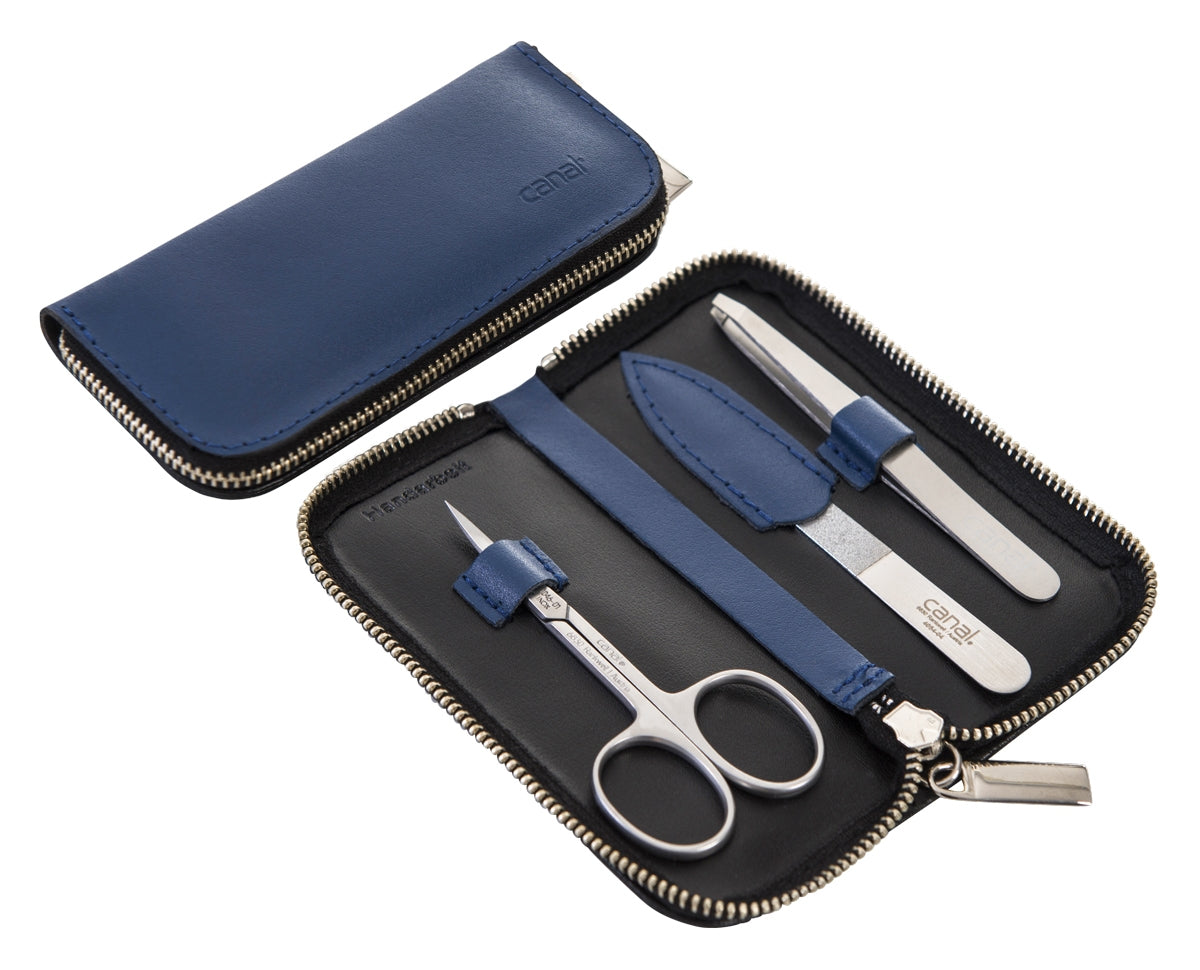 CANAL Reißverschluss-Etui aus Spaltleder dunkelblau - 3-teilig