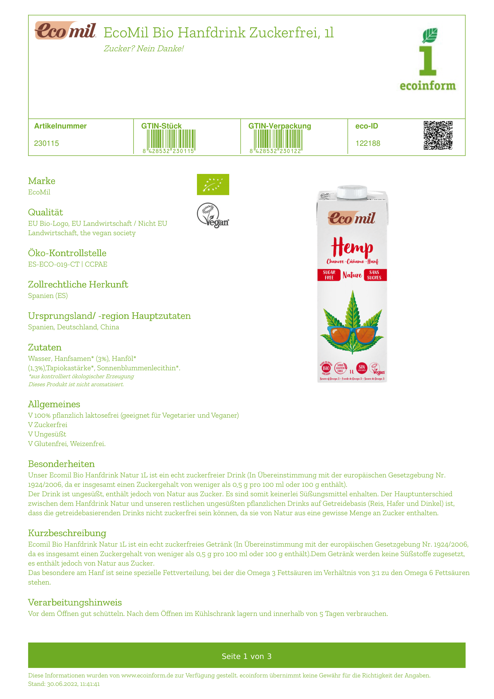 Hanfdrink natur, zuckerfrei