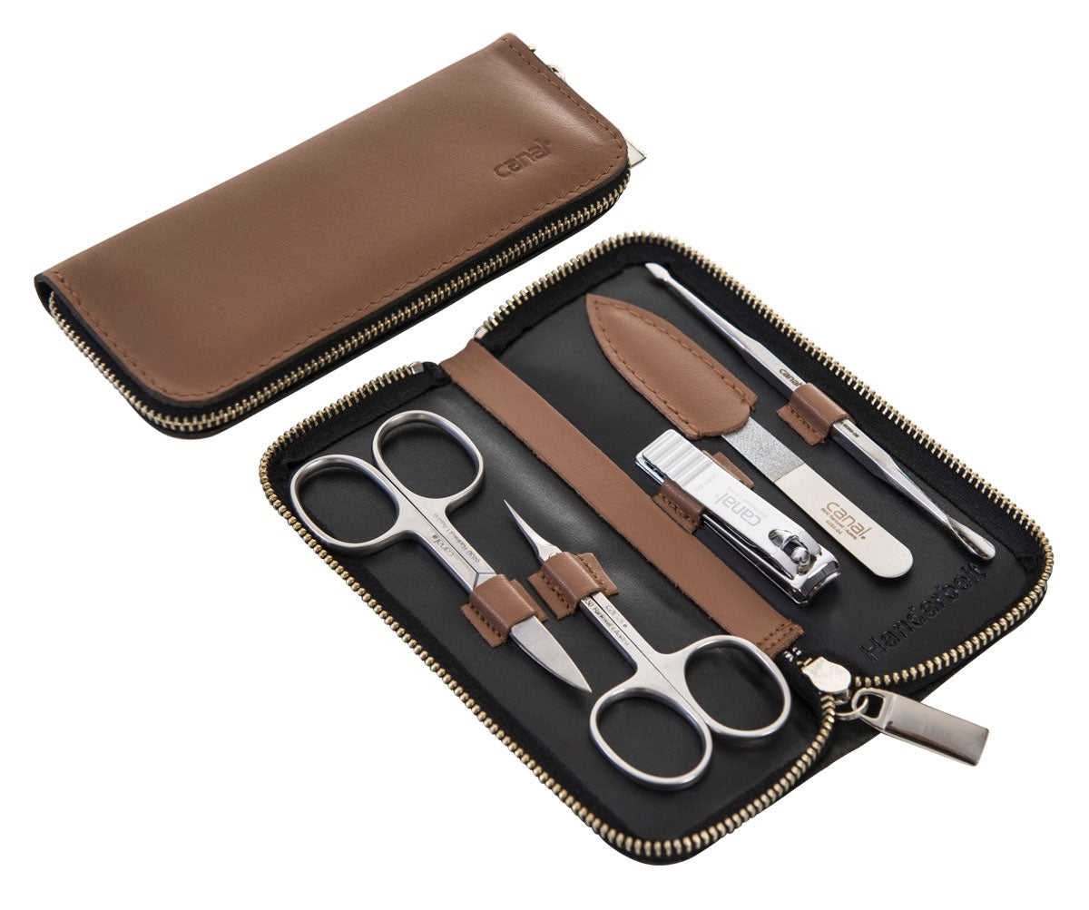 CANAL Reißverschluss-Etui aus Nappaleder cognac - 5 teilig