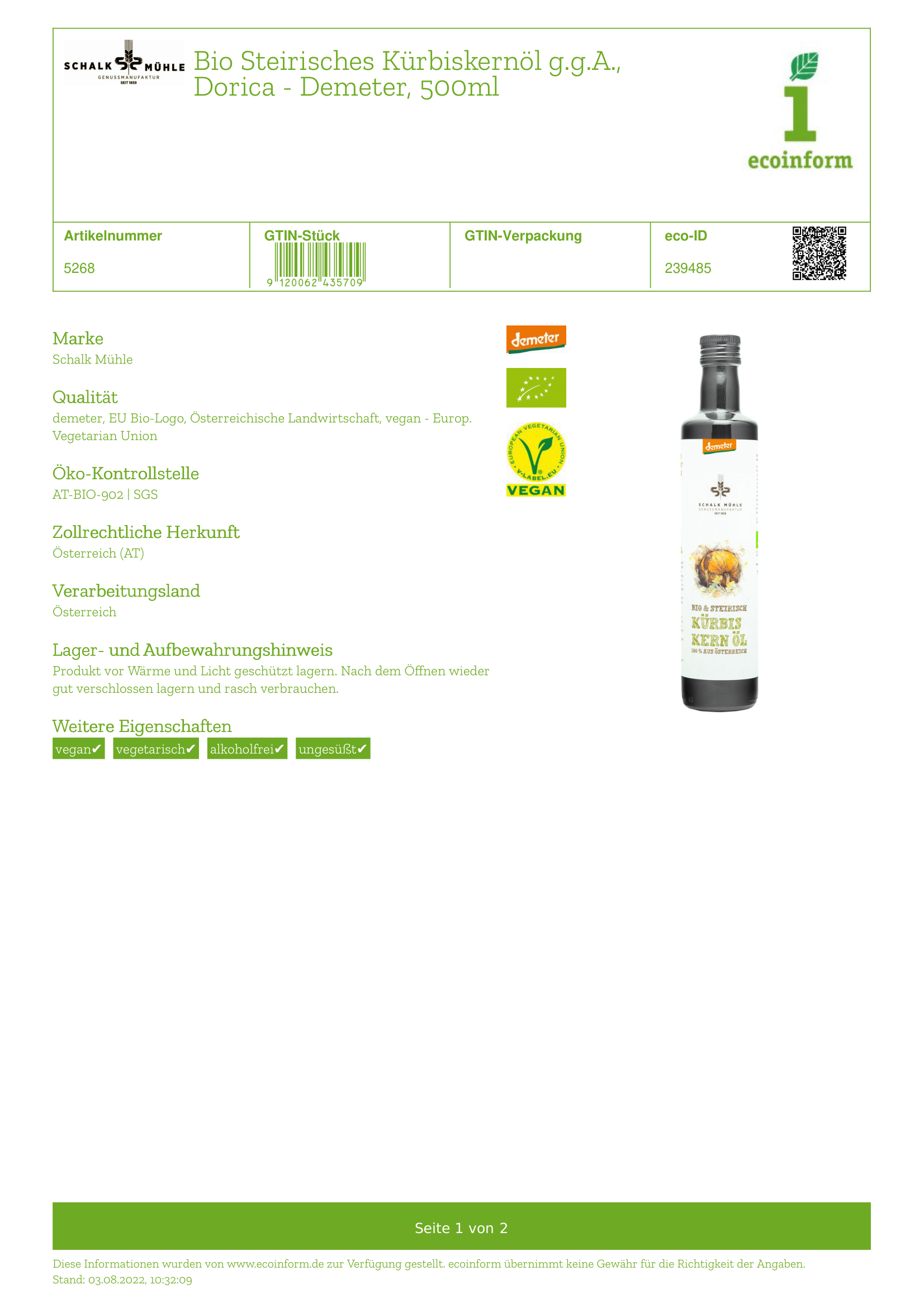 Steirisches Kürbiskernöl, demeter